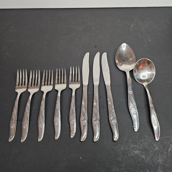 Utica UTI-1 Rose Scroll Cut Co Stainless Flatware Set of 10 Asst Forks Knives - Picture 1 of 4